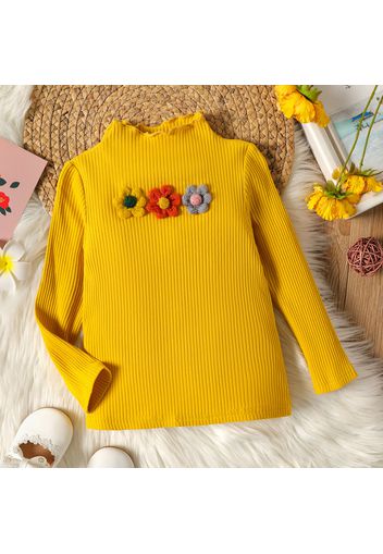 Toddler Girl 3D Floral Embroidered Lettuce Trim Long-sleeve Ribbed Tee