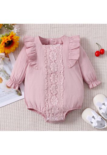 Baby Girl 100% Cotton Lace Design Ruffled Solid Color Long-sleeve Romper