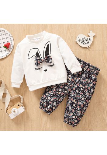 2pcs Baby Girl Cartoon Rabbit Print Long-sleeve Sweatshirt and Floral Print Trousers Set