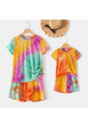 Mommy and Me Tie Dye Round Neck Short-sleeve T-shirt with Shorts Sets