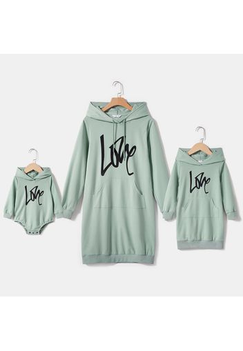 Letter Print Green Long-sleeve Drawstring Hoodie Dress for Mom and Me