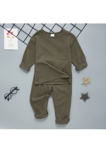 2-piece Toddler Boy Round-collar Long-sleeve Ribbed Solid Top with Pocket and Elasticized Pants Casual Set