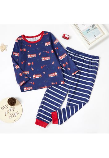 2-piece Toddler Boy Letter Vehicle Print Top and Colorblock/Stripe Pants Lounge Set