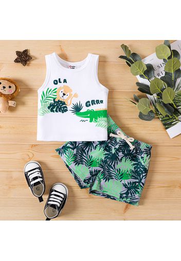 2pcs Baby Boy Plant & Animal Print Tank Top and Shorts Set