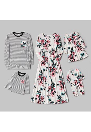 Floral Print Family Matching Sets（Long-sleeve Maxi Dresses and Striped T-shirts）