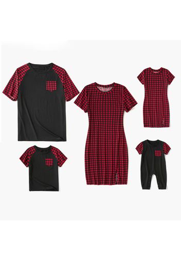 Family Matching Red Plaid Short-sleeve Split Hem Mini Bodycon Dresses and Black Splicing T-shirts Sets