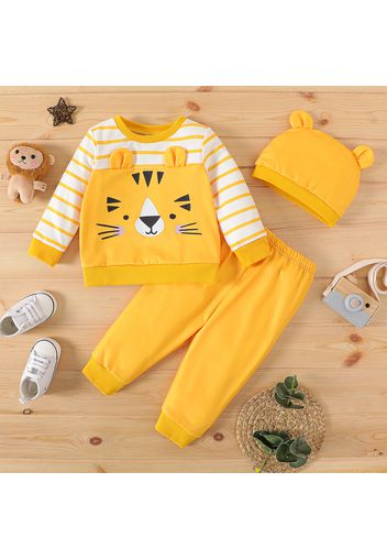 3pcs Baby Boy Striped Long-sleeve Spliced Tiger Print Sweatshirt and Sweatpants with Hat Set