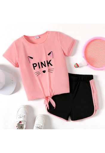 2-piece Kid Girl Letter Cat Print Tie Knot Pink Tee and Elasticized Shorts Set