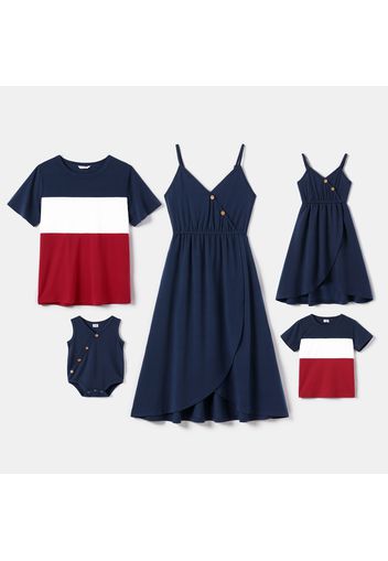 Family Matching Dark Blue V Neck Spaghetti Strap Tulip Hem Dresses and Colorblock Short-sleeve T-shirts Sets