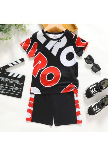 2pcs Kid Boy Colorful Letter Print Short-sleeve Tee and Elasticized Shorts Set