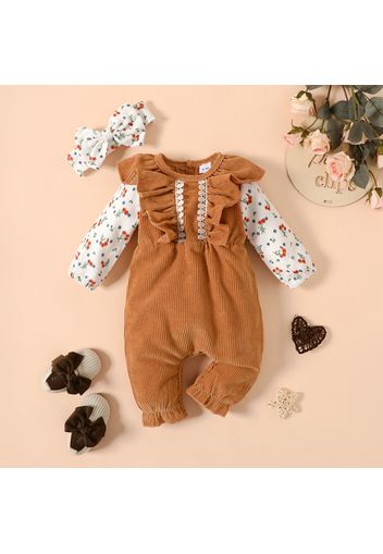 2pcs Baby Floral Print Splicing Long-sleeve Pink Corduroy Ruffle Jumpsuit Set