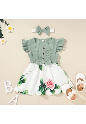 Ribbed 2pcs Floral Print Flutter-sleeve Baby Set