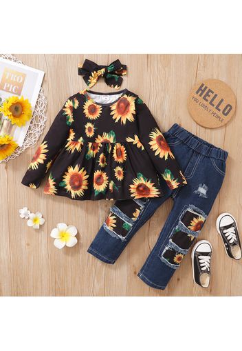 3-piece Toddler Girl Floral Print Long-sleeve Top, Patchwork Ripped Denim Jeans and Headband Set