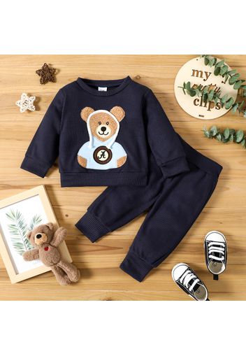 2pcs Baby Boy Teddy Bear Design Navy Waffle Long-sleeve Pullover and Sweatpants Set