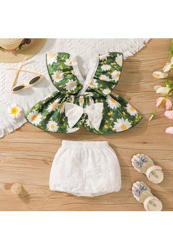 2pcs Baby Girl 100% Cotton Eyelet Embroidered Shorts and Allover Daisy Floral Print Criss Cross Ruffle Bowknot Top Set