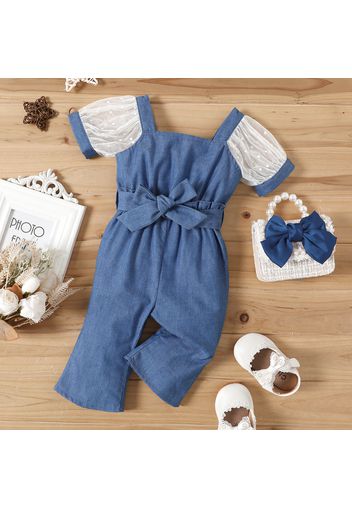 Baby Girl Mesh Short-sleeve Imitation Denim Belted Button Up Jumpsuit