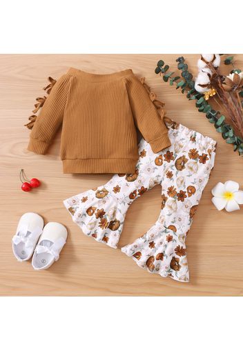 2pcs Baby Solid Ribbed Off Shoulder Bowknot Long-sleeve Top and Floral Print Bell Bottom Pants Set