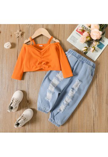 2pcs Toddler Girl Ruched Cold Shoulder Long-sleeve Tee and Ripped Denim Jeans Set