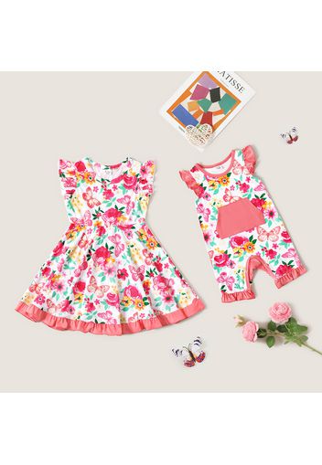 Sibling Matching All Over Butterfly and Floral Print Ruffle Flutter-sleeve Dress and Romper Set