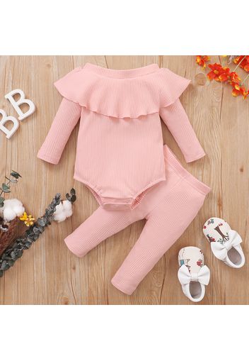 2pcs Baby Girl Solid Ribbed Off Shoulder Long-sleeve Ruffle Romper and Pants Set