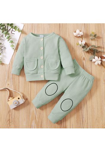 2pcs Baby Girl Solid Waffle Knit Button Long-sleeve Top and Trousers Set