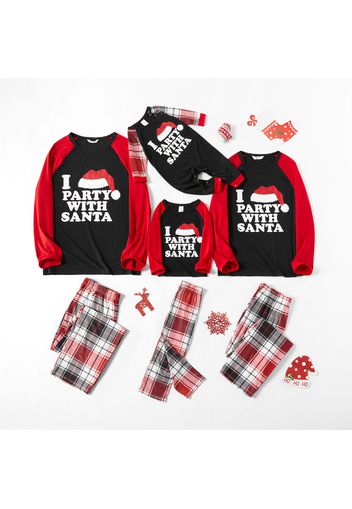 Christmas Hat and Letter Print Family Matching Red Raglan Long-sleeve Plaid Pajamas Sets (Flame Resistant)