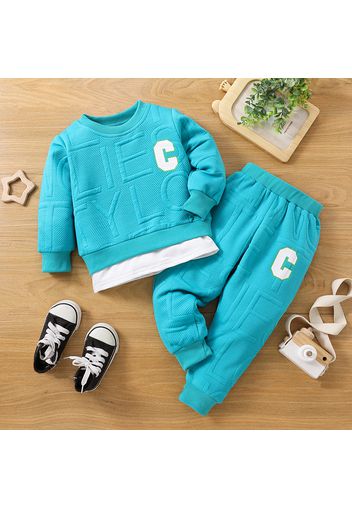 2pcs Toddler Boy Trendy Faux-two Letter Textured Sweatshirt and Elasticized Pants Set