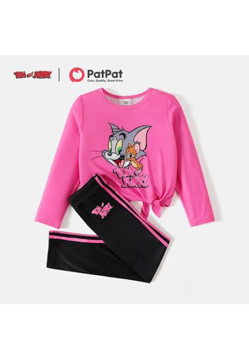 Tom and Jerry 2pcs Kid Girl Letter Print Tie Knot Long-sleeve Pink Tee and Striped Pants Set