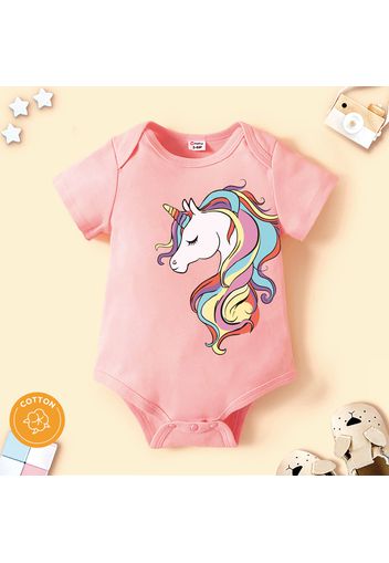 100% Cotton Baby Girl Cartoon Unicorn Print Pink Short-sleeve Romper