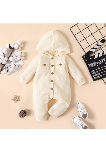 Baby Boy/Girl Button Design Solid Waffle Hooded Long-sleeve Jumpsuit