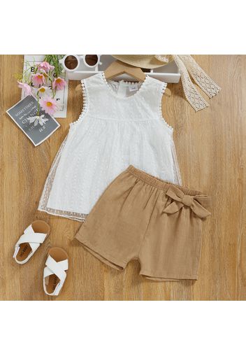 2pcs Toddler Girl Mesh Design Sleeveless White Tee and Bowknot Design Shorts Set