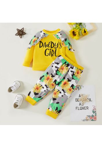 2pcs Baby Girl Letter and Sunflower Floral Print Long-sleeve Pullover and Trousers Set