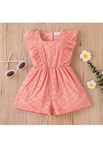 Baby Girl Solid Hollow Out Embroidered Sleeveless Ruffle Romper