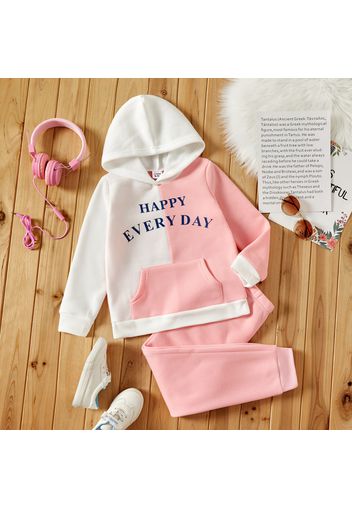 2-piece Kid Girl Letter Print Colorblock Hoodie Sweatshirt and Pink Pants Set