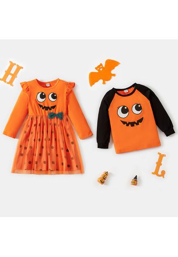 Halloween Emoji Pattern Print Long-sleeve Sibling Matching Pumpkin Sets