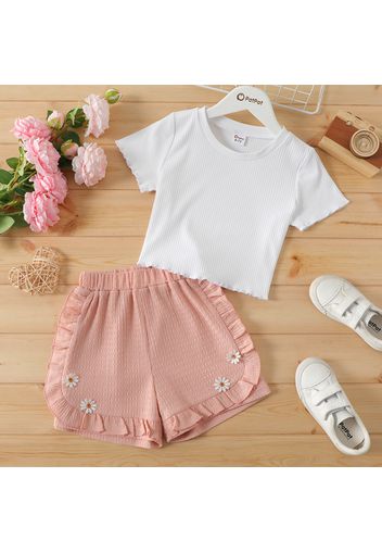 2pcs Kid Girl Ribbed Lettuce Trim Short-sleeve Tee and Floral Embroidered Ruffled Textured Shorts Set