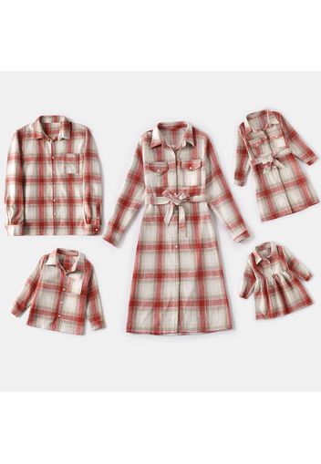 Family Matching Plaid Lapel Long-sleeve Dresses and Shirts Sets