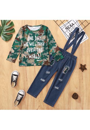 2-piece Toddler Boy Letter Camouflage Print Long-sleeve Tee and Ripped Denim Overalls Set