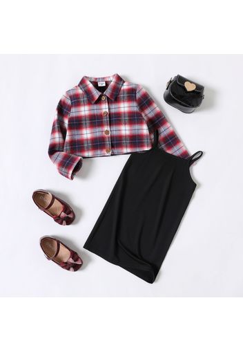 2-piece Toddler Girl Plaid Lapel Collar Coat Jacket and Solid Sleeveless Dress Set