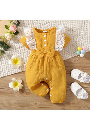 100% Cotton Crepe Baby Girl Lace Detail Button Front Bowknot Short-sleeve Jumpsuit