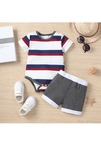 2pcs Baby Boy/Girl Striped/Colorblock Short-sleeve Romper and Shorts Set