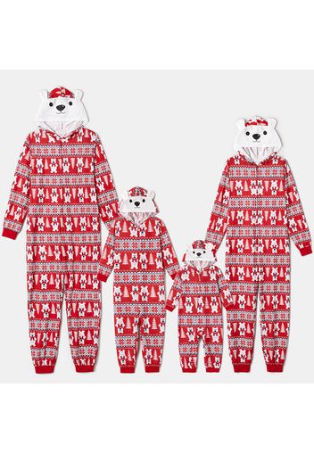 Christmas All Over Polar Bear Print Red Family Matching Long-sleeve Hooded Zip Onesies Pajamas Sets (Flame Resistant)