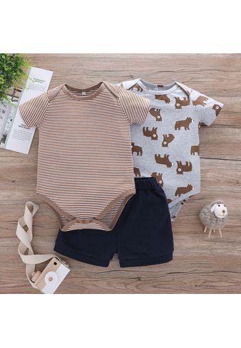 3pcs Baby Boy Striped and Allover Bear Print Short-sleeve Rompers with Solid Shorts Set