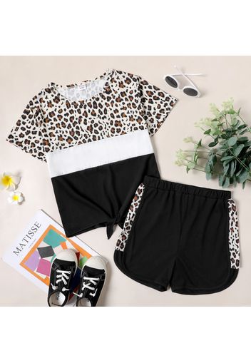 2-piece Kid Girl Leopard Print Colorblock Tie Knot Short-sleeve Tee and Elasticized Shorts Set