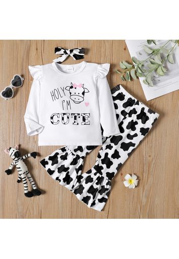 2-piece Toddler Girl Ruffled Letter Cow Print Long-sleeve White Tee and Flared Pants Set