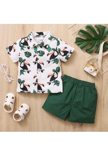 Toddler Boy Bird Leaves Print Short-sleeve Shirt And Shorts