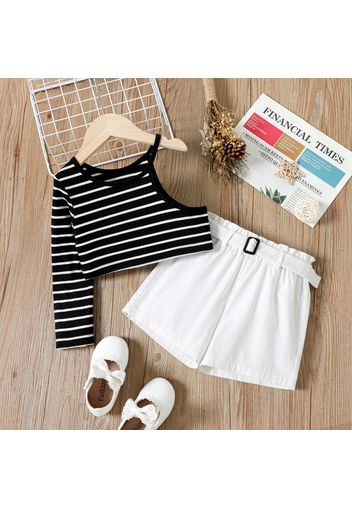 2pcs Toddler Girl Stripe One Shoulder Long-sleeve Tee and Belted White Shorts Set