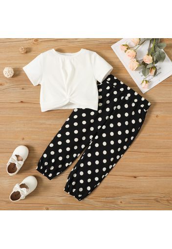 2pcs Toddler Girl Twist Knot Short-sleeve White Tee and Polka dots Pants Set