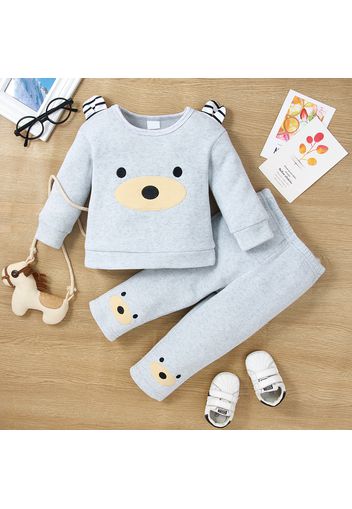 2pcs Baby Boy Fleece Lined Cartoon Bear Embroidered 3D Ears Long-sleeve Top and Trousers Set