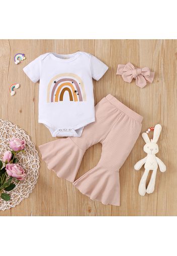 3pcs Baby Girl Rainbow Print Short-sleeve Romper and Bell Bottom Pants with Headband Set